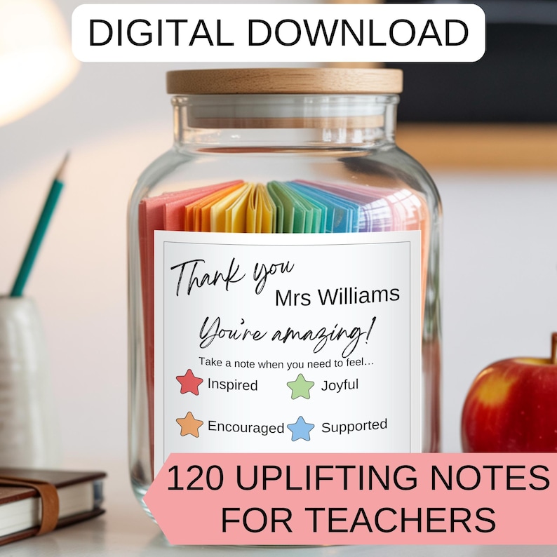 Teacher Appreciation Jar, Printable Teacher Notes, DIY Thank You Gift, Uplifting Affirmations, Digital Download, End of Year Teacher Gift