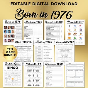 May include: An editable digital download featuring a "Born in 1976" game bundle. Includes trivia, bingo, and "this or that" games, along with movie, music, and price quizzes. The bundle is designed for a 1976-themed celebration.