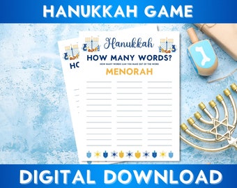 Hanukkah imprimable combien de mots jeu, téléchargement numérique, jeu de fête, plaisir en famille de Chanukah