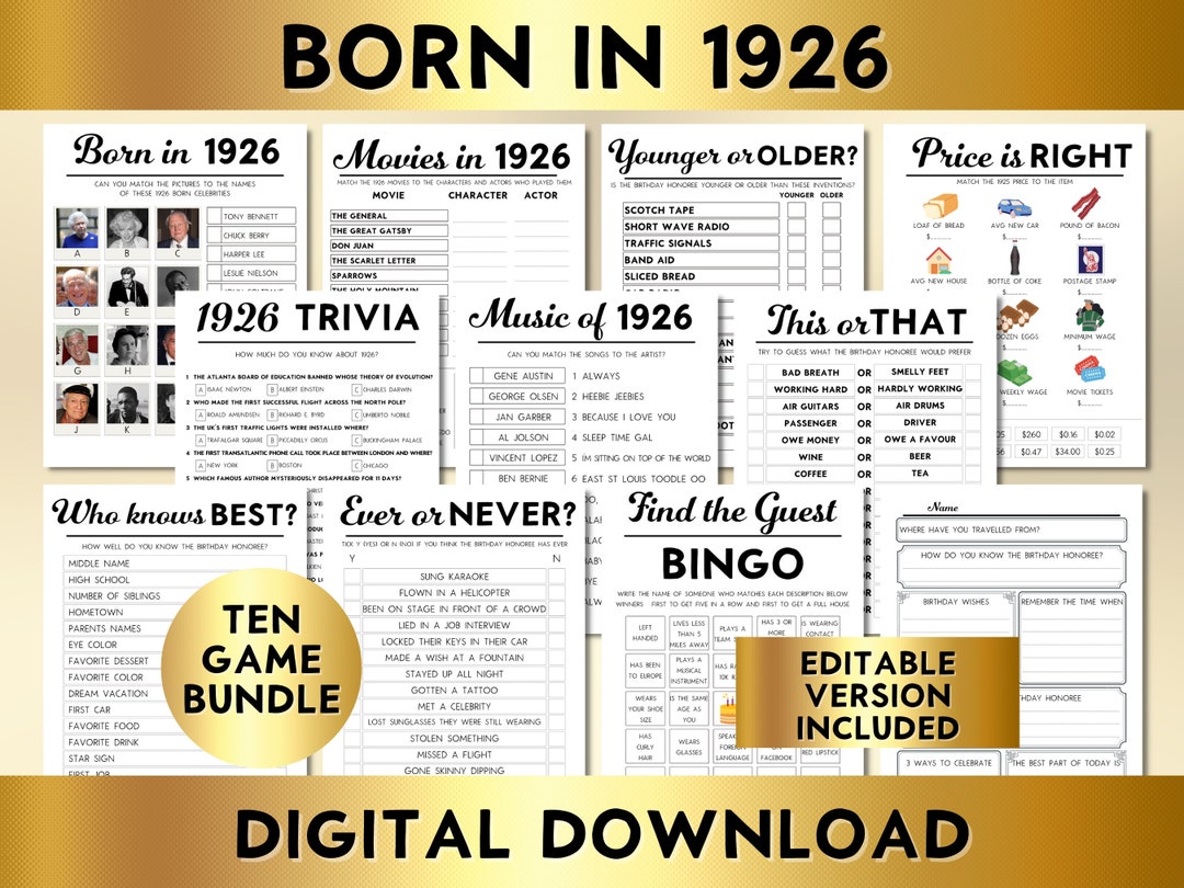 Juegos para fiesta de 99.º cumpleaños, nacidos en 1926, paquete de 10  juegos imprimibles, descarga instantánea, editables, personalizables,  música, trivia, libro de visitas BP001 - Etsy México, image size:1080x810