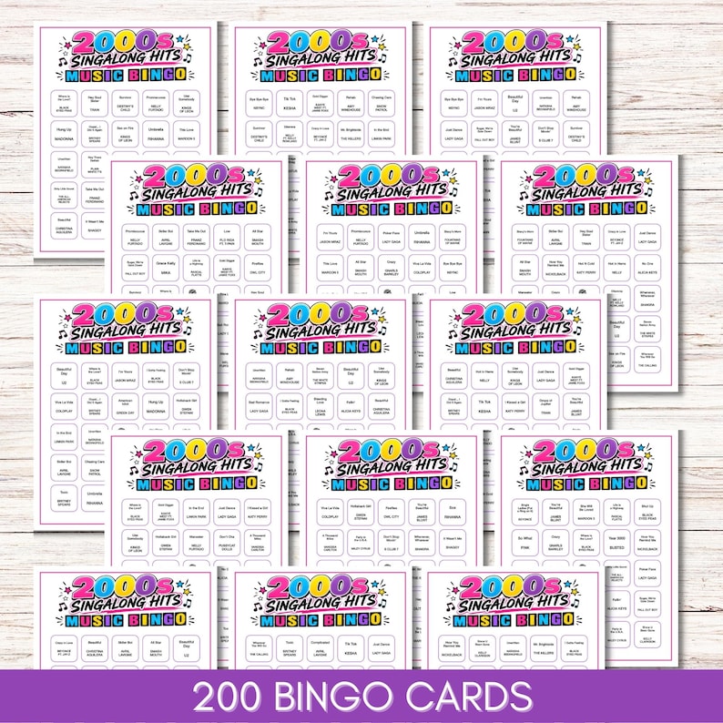Puede incluir: Una colecci&oacute;n de 200 tarjetas de bingo imprimibles tituladas 2000s Singalong Hits Music Bingo. Cada tarjeta blanca presenta una cuadr&iacute;cula de t&iacute;tulos de canciones y nombres de artistas en negro, con el t&iacute;tulo en letras coloridas.