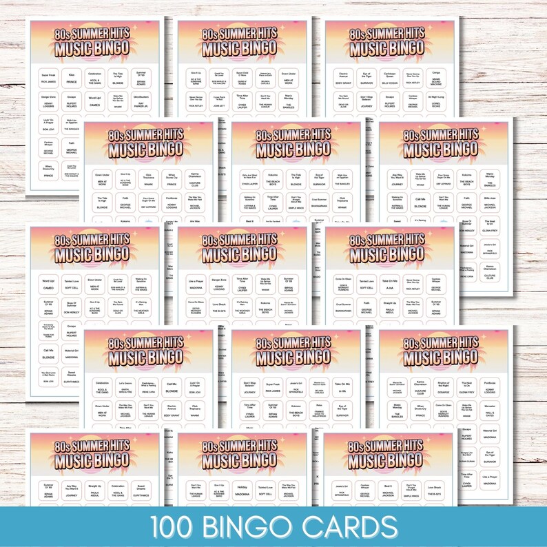 May include: A stack of 100 bingo cards with a retro design. Each card features the text "80s Summer Hits Music Bingo" in a colorful font. The cards are arranged on a white surface, with a blue border at the bottom.