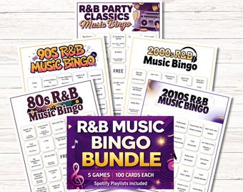 May include: A collection of R&B Music Bingo cards, including 80s, 90s, 2000s, and 2010s themes. The bundle includes 5 games with 100 cards each, and Spotify playlists. The cards feature song titles.