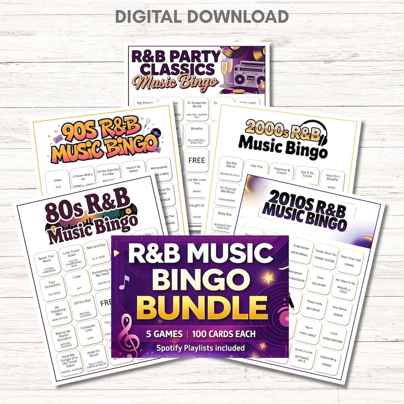 May include: A collection of R&B Music Bingo cards, including 80s, 90s, 2000s, and 2010s themes. The bundle includes 5 games with 100 cards each, and Spotify playlists. The cards feature song titles.