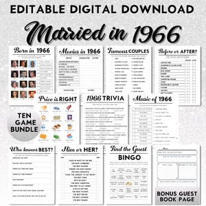May include: A digital download featuring a 'Married in 1966' theme. Includes game sheets like 'Born in 1966', 'Movies in 1966', 'Famous Couples', 'Before or After?', 'Price is Right', '1966 Trivia', 'Music of 1966', 'Who Knows Best?', 'Him or Her?', and 'Find the Guest Bingo'.