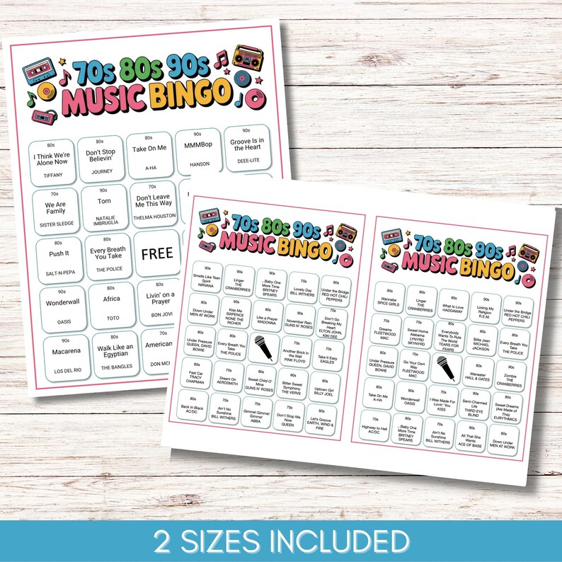 70s 80s 90s Music Bingo, Decades Bingo, Printable Game with 200 Bingo Cards, Spotify Playlist, Digital Download for Family Reunion or Party