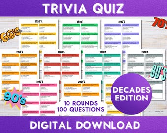 Cuestionario sobre décadas, 100 preguntas, juego para fiestas (descarga instantánea e imprimible)
