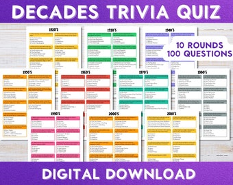 Decades Trivia Quiz, Pub Quiz, Party Game Night, 70's, 80's, 90's, 100 Questions, Printable Instant Download