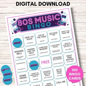 Bingo musicale anni '80, 100 cartelle da bingo stampabili, divertente gioco per feste, download digitale, playlist anni '80 inclusa, perfetto per feste di compleanno