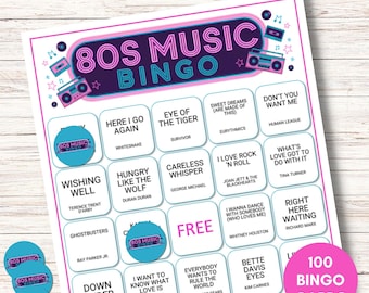 80s Music Bingo, 100 Printable Bingo Cards, Fun Party Game, Digital Download, 80s Playlist Included, Perfect for Birthday Celebrations