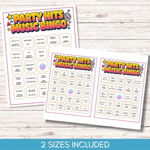 May include: Two sheets of "Party Hits Music Bingo" game cards. The cards have a pink border and feature a colorful design with song titles and artist names. The text "2 Sizes Included" is at the bottom.