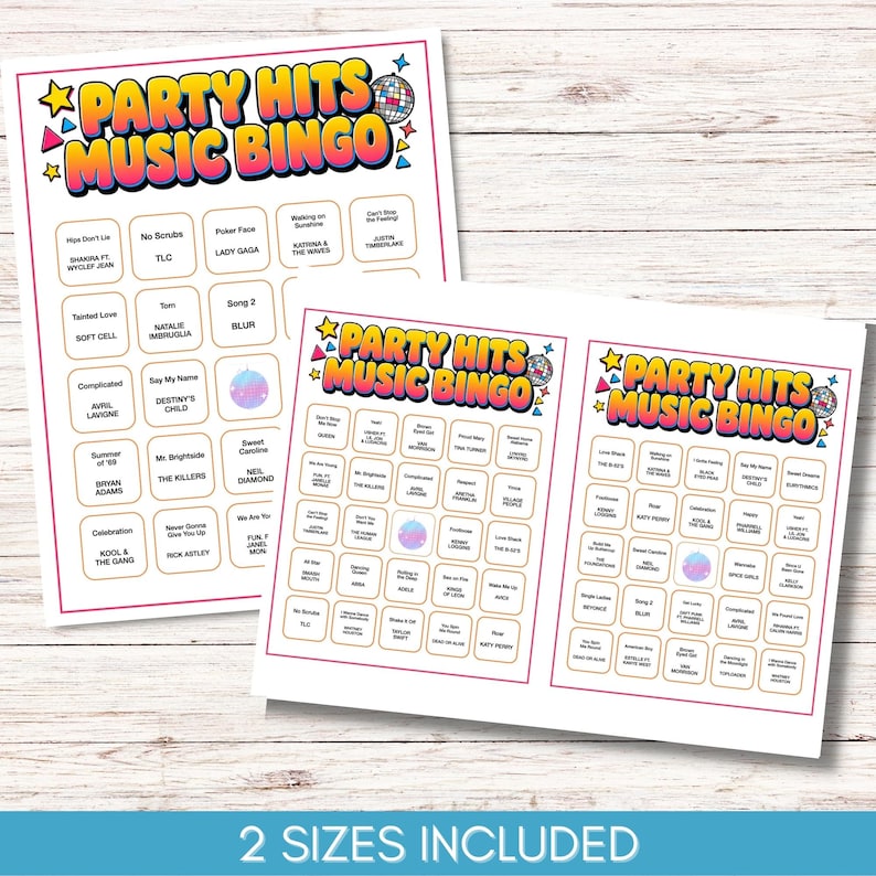 May include: Two sheets of "Party Hits Music Bingo" game cards. The cards have a pink border and feature a colorful design with song titles and artist names. The text "2 Sizes Included" is at the bottom.