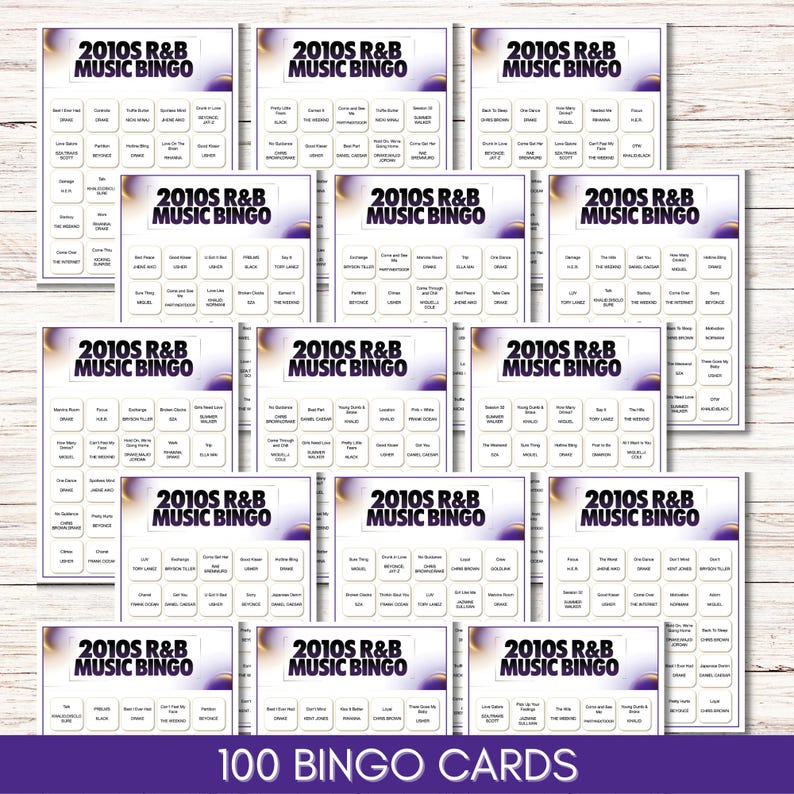 2010s R&B Music Bingo Game – Printable Party Game, 75 Songs 100 Cards