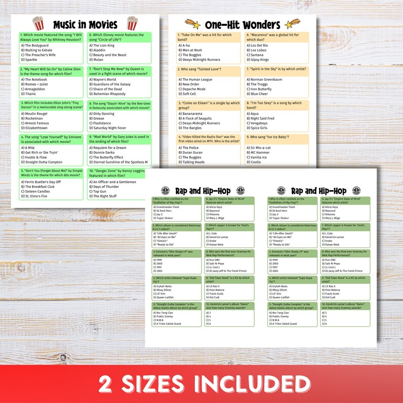 Music Trivia Quiz, Game Night, Bar Quiz, Family Games, 100 Questions, Printable Instant Download