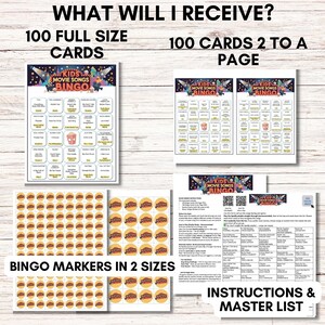 Kids Movie Music Bingo – Animated Songs Game, 100 Unique Cards Printable PDF