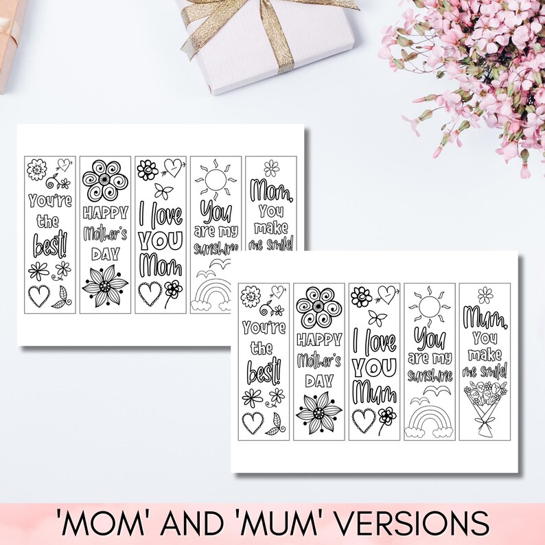 Mother's Day Coloring Bookmarks Printable – DIY Gift for Mom from Kids – 5 Per Page – Instant Download, Unique Mother's Day Craft