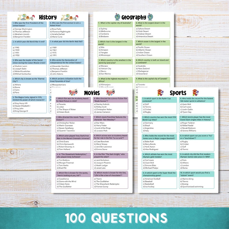 Pub Trivia Quiz, Game Night, Bar Quiz, General Knowledge, Trivia Night, 100 Questions, Printable Instant Download