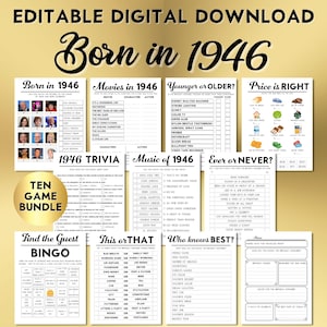 May include: A ten-game bundle of printable activity sheets titled Born in 1946, featuring trivia, bingo, and matching games. The white pages include black text and graphics, with a gold circular badge stating Ten Game Bundle on the left side.
