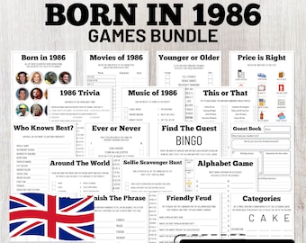 1986 Birthday Trivia Games: 40th Birthday Party Bundle (UK Edition, Instant Download)