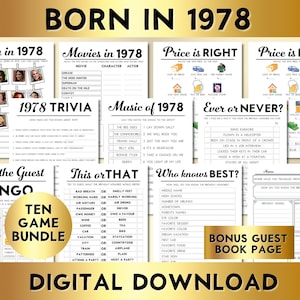 Juegos para fiestas de cumpleaños número 47, nacidos en 1978, paquete de 10 juegos imprimibles, descarga instantánea, editables, personalizables, música, trivia, libro de visitas BP001