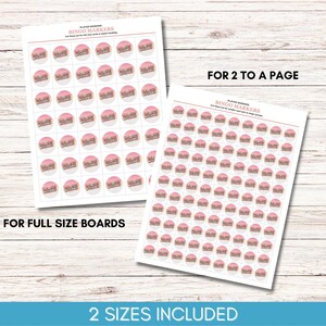 May include: Two sheets of bingo marker stickers. Each sticker is a pink circle with a brown and white image. Text on the sheets reads "PLAYER MARKERS BINGO MARKERS" and "FOR FULL SIZE BOARDS" and "FOR 2 TO A PAGE" and "2 SIZES INCLUDED".