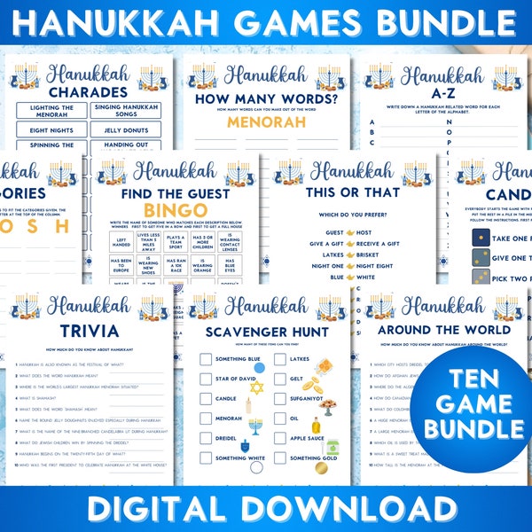 Hanukkah Party Games, Jewish Games,Hanukkah Games Bundle, Chanukah Games, Instant Download, Printable Hanukkah Games, Find The Guest Bingo