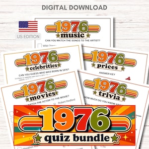 以下が含まれることがあります： 1976年のクイズバンドルデジタルダウンロード。レトロなタイポグラフィが施された複数の印刷可能なページが含まれています。シートには音楽、有名人、価格、映画のトリビアカテゴリーがあり、すべてUS Editionと小さなアメリカ国旗のアイコンでマークされています。