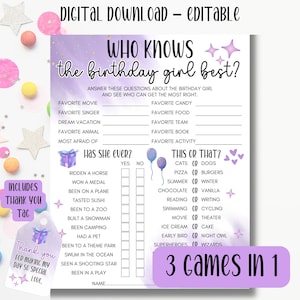 Qui connaît le mieux sa fille qui fête son anniversaire, jeu d'anniversaire violet imprimable éditable, jeux de fête d'anniversaire pré-ados, préférerait-elle, WKB