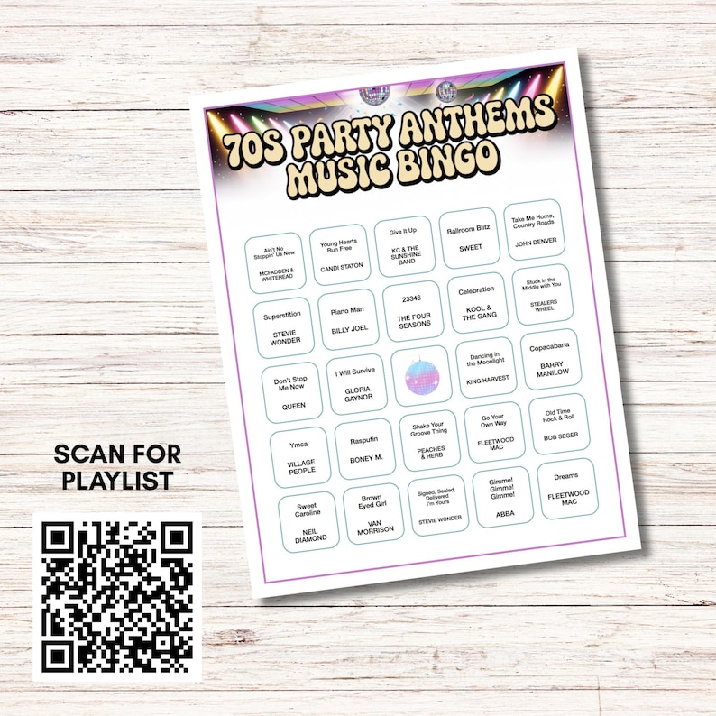 May include: A 70s Party Anthems Music Bingo game card with a purple border. The card features a grid of song titles and artist names, including hits by Stevie Wonder and Queen. A QR code for a playlist is in the lower left corner.