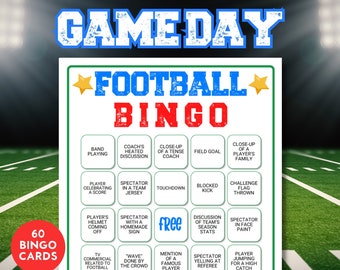 May include: A printable football bingo card with 25 squares. The squares contain phrases like "Band Playing", "Coach's Heated Discussion", "Close-up of a Tense Coach", "Field Goal", "Close-up of a Player's Family", "Player Celebrating a Score", "Spectator in a Team Jersey", "Touchdown", "Blocked Kick", "Challenge Flag Thrown", "Player's Helmet Coming Off", "Spectator with a Homemade Sign", "Free", "Discussion of Team's Season Stats", "Spectator in Face Paint", "TV Commercial Related to Football", "'Wave' Done by the Crowd", "Mention of a Famous Player", "Spectator Yelling at Referee", "Player Jumping for a High Catch", "Fourth Down Conversion", "Spectator Wearing a Foam Finger", "Punt", "Penalty Flag Thrown", "Player Injury".