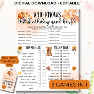 ¿Quién conoce mejor a la cumpleañera?, Juego de cumpleaños con temática de otoño editable e imprimible, Juegos de fiesta de otoño espeluznantes para adolescentes y preadolescentes, ¿Qué preferiría?