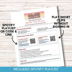May include: A white sheet of paper with instructions for an 80s Summer Hits Music Bingo game. The paper includes a Spotify playlist QR code and link, along with instructions on how to play and a list of what the download includes.