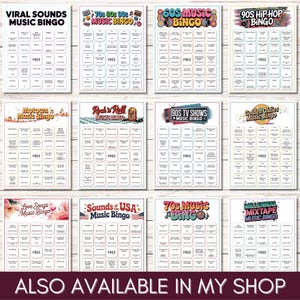 Puede incluir: Un conjunto de tarjetas de bingo musical con diversos temas, incluyendo sonidos virales, a&ntilde;os 70, 80, 90, 60, hip-hop, Motown, rock & roll, programas de televisi&oacute;n de los 90, &eacute;xitos de oro, canciones de amor, sonidos de EE. UU., a&ntilde;os 70 y mixtape millennial.