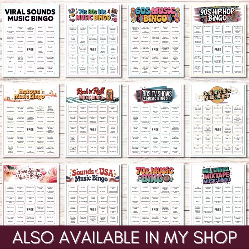 Puede incluir: Un conjunto de tarjetas de bingo musical con diversos temas, incluyendo sonidos virales, a&ntilde;os 70, 80, 90, 60, hip-hop, Motown, rock & roll, programas de televisi&oacute;n de los 90, &eacute;xitos de oro, canciones de amor, sonidos de EE. UU., a&ntilde;os 70 y mixtape millennial.