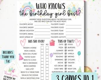 Who Knows The Birthday Girl Best, Editable Printable Rainbow Birthday Game, Teens Tweens Birthday Party Games, Would She Rather