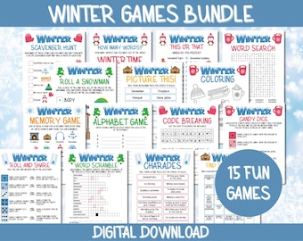 May include: A digital download bundle of 15 printable winter-themed games for kids. The games include a scavenger hunt, word search, memory game, alphabet game, code breaking, roll and share, word scramble, charades, find someone, picture this, roll a snowman, this or that, coloring, and candy dice. The games are illustrated with penguins, snowmen, and other wintery imagery.