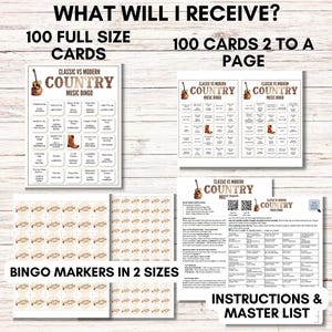 Modern vs Classic Country Music Bingo – 100 Cards Printable Party Game
