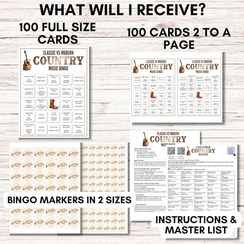 Modern vs Classic Country Music Bingo – 100 Cards Printable Party Game