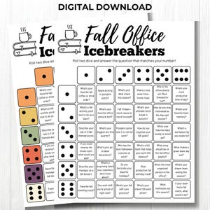 Könnte beinhalten: Ein digitaler Download mit dem Titel "Fall Office Icebreakers" mit einem Schwarz-Weiß-Design. Das Bild zeigt zwei Seiten mit Würfeln und Fragen zu Herbstaktivitäten und Spaß im Büro. Der Text enthält Aufforderungen für Teambuilding und saisonale Diskussionen.