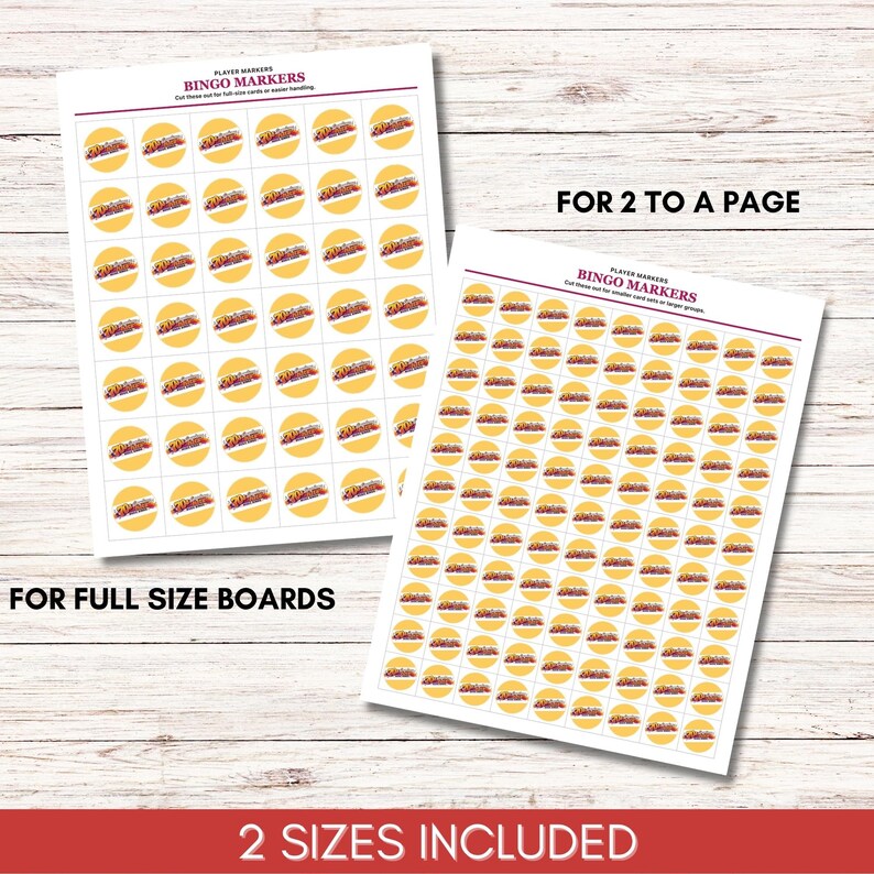 May include: Two printable sheets of circular bingo markers featuring yellow backgrounds and colorful graphic designs. The left sheet is labeled FOR FULL SIZE BOARDS and the right sheet is labeled FOR 2 TO A PAGE. Both sheets include the text BINGO MARKERS.