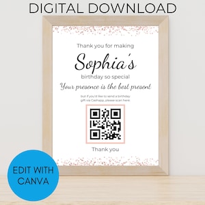 Rose Gold Birthday Cashapp-poster voor tiener/Tween met QR-code: perfect verjaardagscadeau-idee