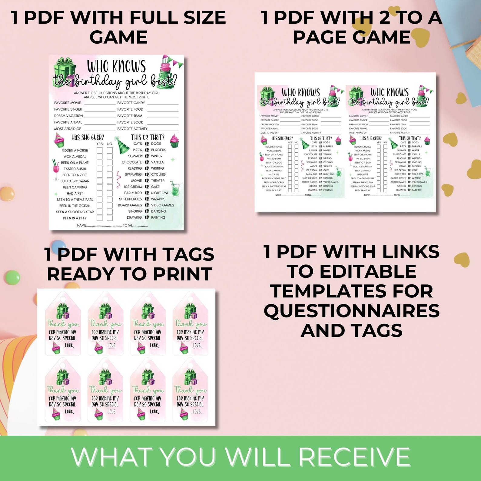 Pink and Green Birthday, Who Knows the Birthday Girl Best, Editable ...