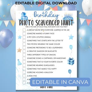 Photo Scavenger Hunt For Boys, Printable Birthday Games for Teens and Tweens, Editable, Instant Download, Blue Party Theme