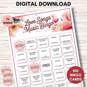 Liefdesliedjes Muziek Bingospel – Romantische afspeellijst Bingo voor Valentijnsdag, huwelijksfeest, date night – afdrukbare pdf, 75 nummers, 100 kaarten