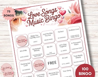 Love Songs Music Bingo Game – Romantic Playlist Bingo for Valentine's Day, Wedding Shower, Date Night – Printable PDF, 75 Songs, 100 Cards