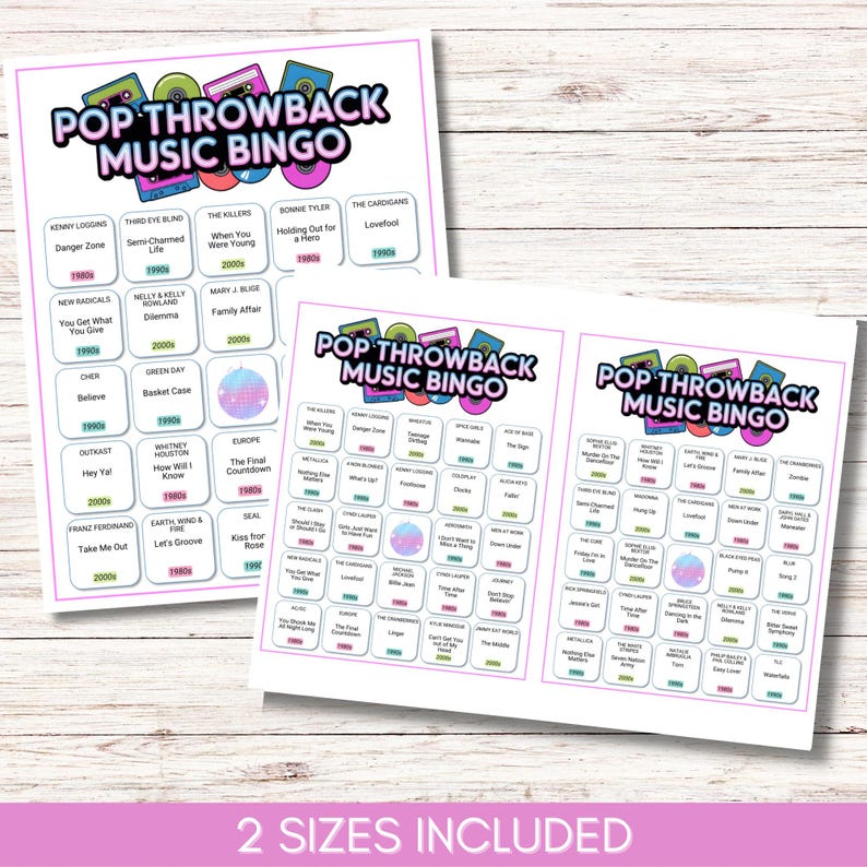 Pop Throwback Music Bingo, Printable 80s 90s 2000s Music Game, 75 Song Playlist