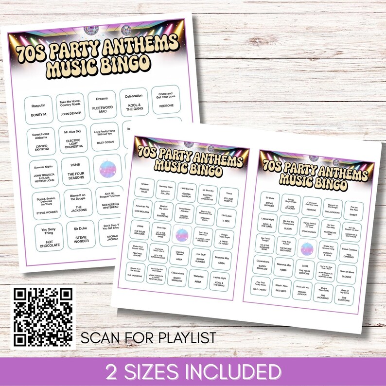 70s Party Anthems Music Bingo, 75 Songs, 100 Cards, Printable Retro Party Game