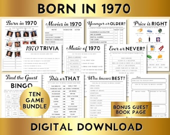 54th Birthday Party Games, Born in 1970, Printable 10 Game Bundle, Instant Download, Bingo, Price Is Right, Music, Trivia, Guest Book BP001