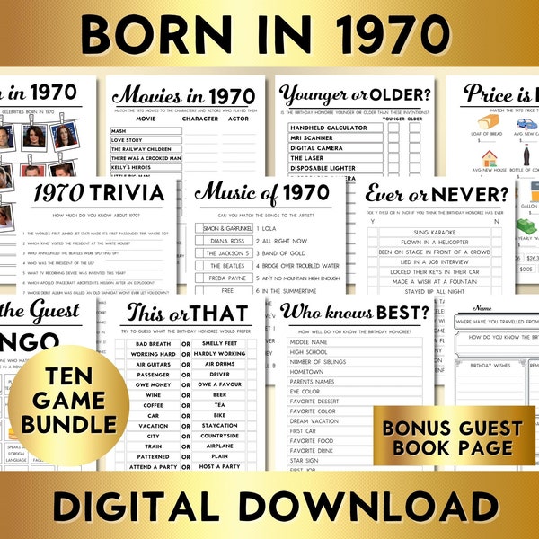 54th Birthday Party Games, Born in 1970, Printable 10 Game Bundle, Instant Download, Bingo, Price Is Right, Music, Trivia, Guest Book BP001