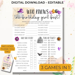 May include: A printable Halloween-themed game for a birthday party. The game is called "Who Knows the Birthday Girl Best?" and includes questions about the birthday girl's favorite things, as well as "This or That" questions. The game is decorated with a ghost, bats, and candy.
